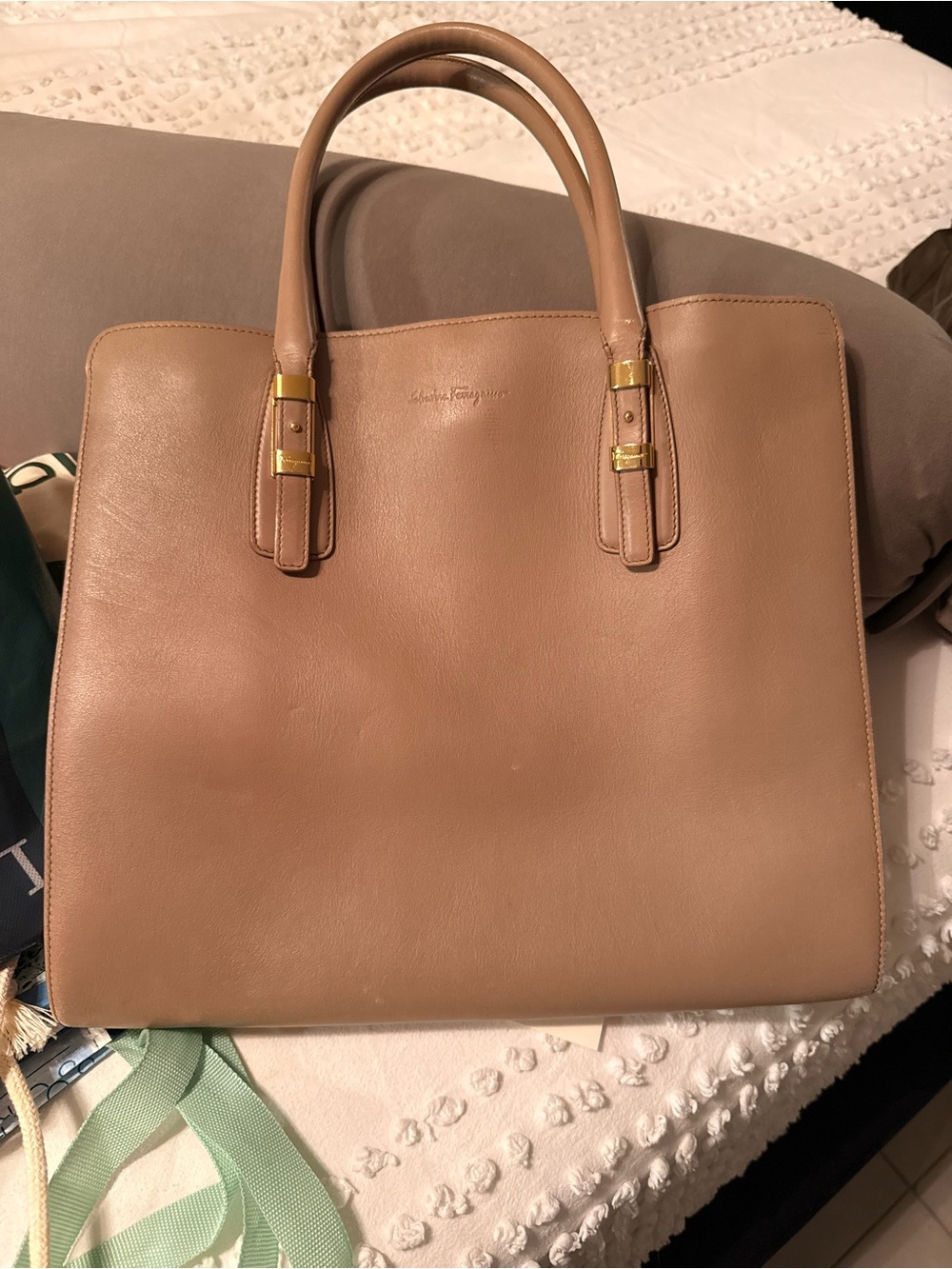 Salvatore Ferragamo Beky Gancini Smooth Calfskin Tote Taupe Large 21 D720